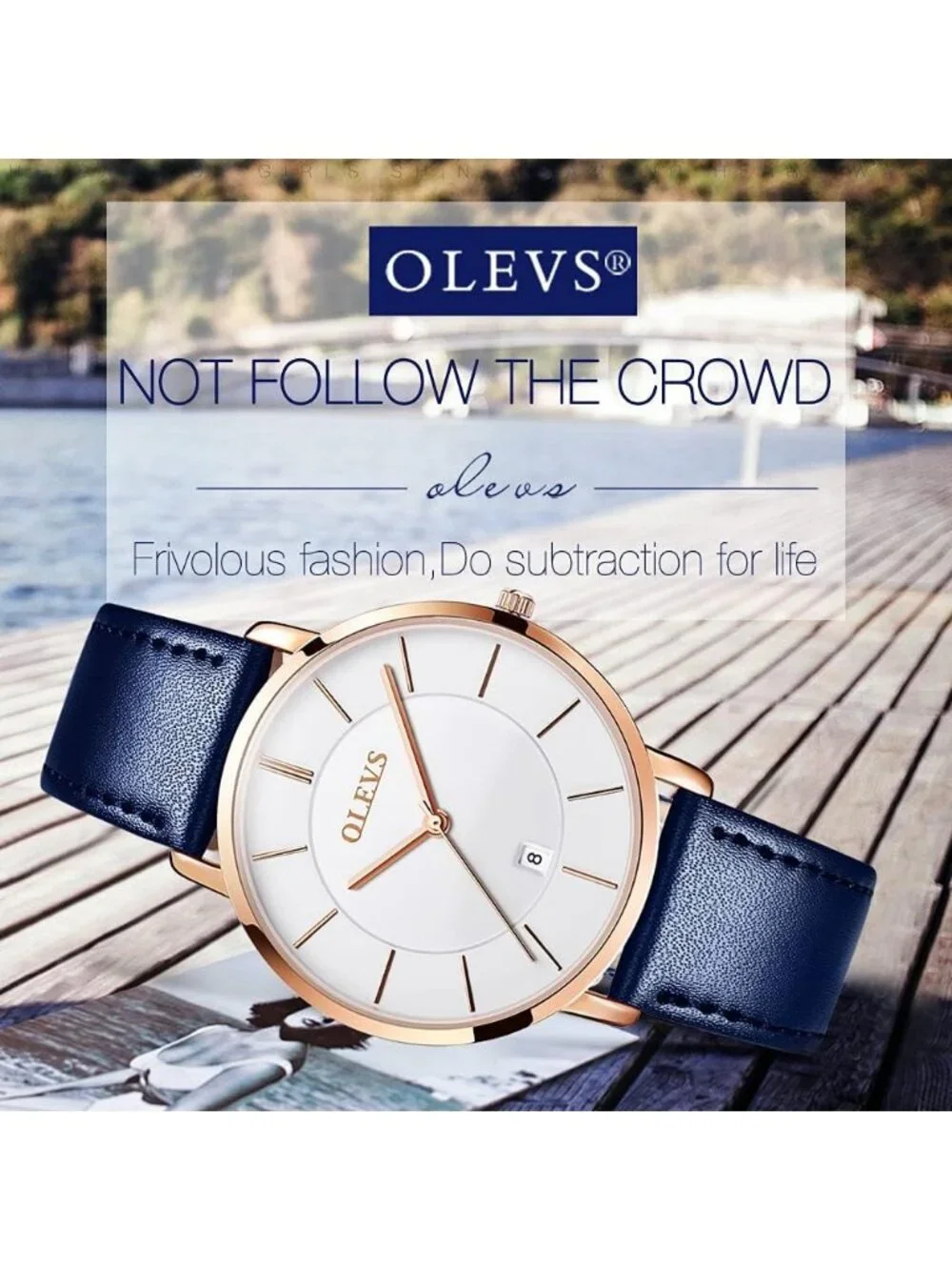 Women's White dial & Rose gold bezel & Navy Blue Band Classic Dress Wrist Watch